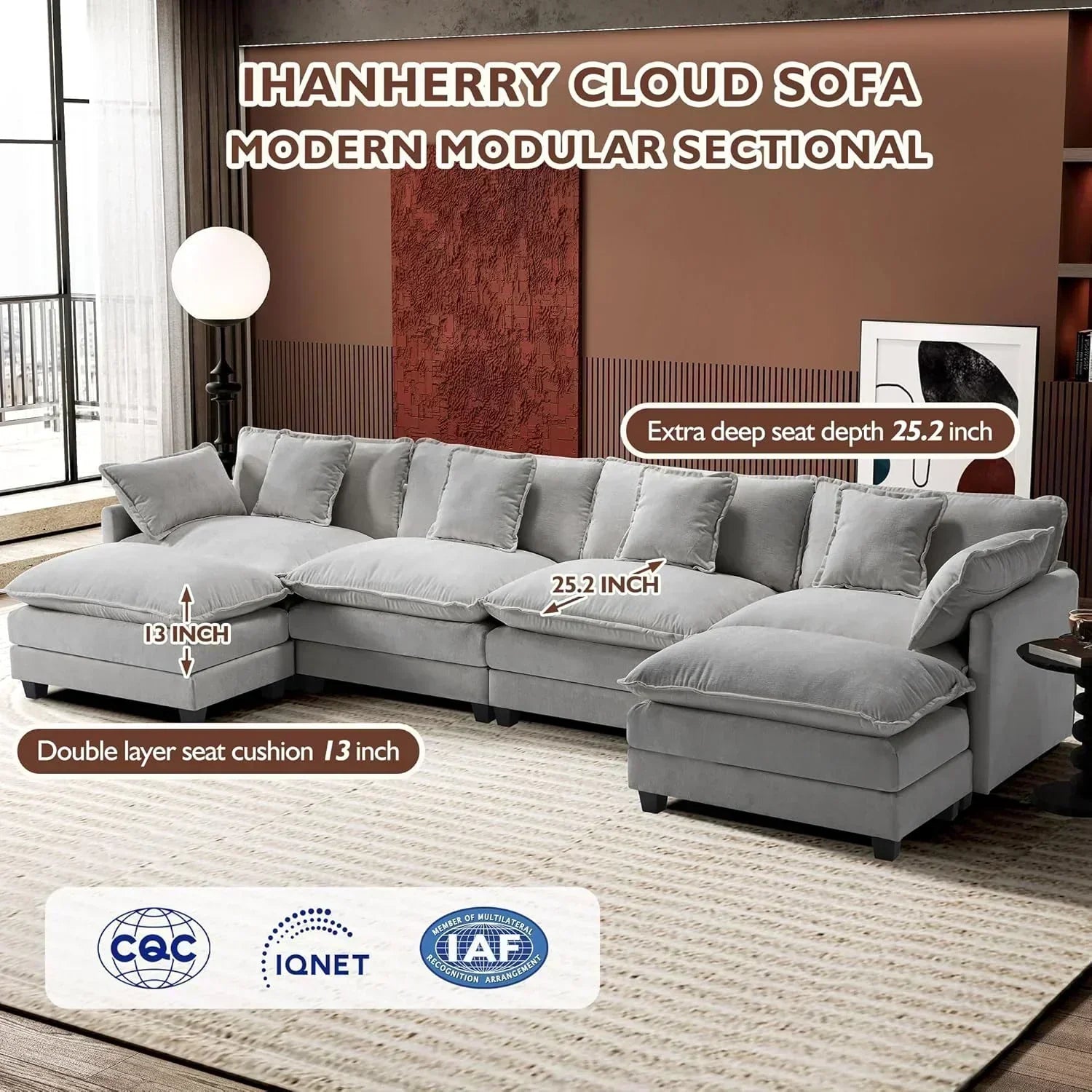 111.4 Inch L Shaped Modern Sofa Modular Cloud Sofa with Ottoman 4 Seater Chenille Deep Seat Sofa wourant