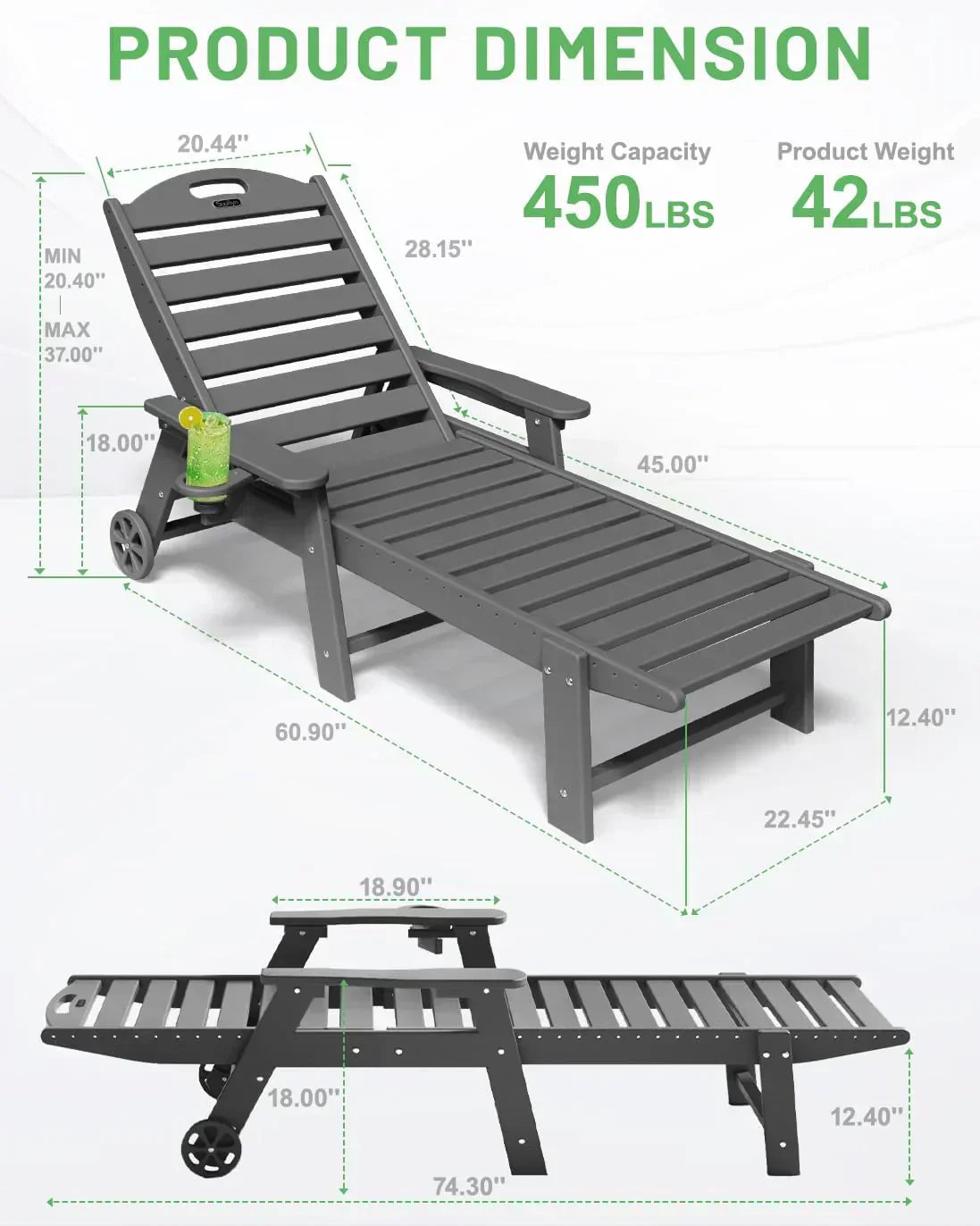 Lounge Chair Outdoor Chaise Lounge HDPE 6-Position Outdoor Chaise Lounge Patio Lounge Chair wourant