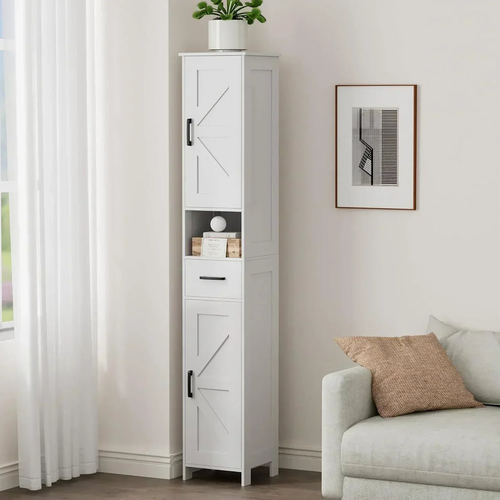 Homhedy 67" H Tall Bathroom Storage Cabinet with 2 Barn Doors and 1 Drawer Narrow Storage Unit wourant