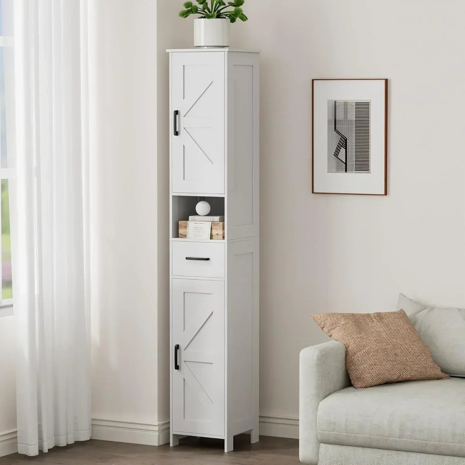 Homhedy 67" H Tall Bathroom Storage Cabinet with 2 Barn Doors and 1 Drawer Narrow Storage Unit wourant