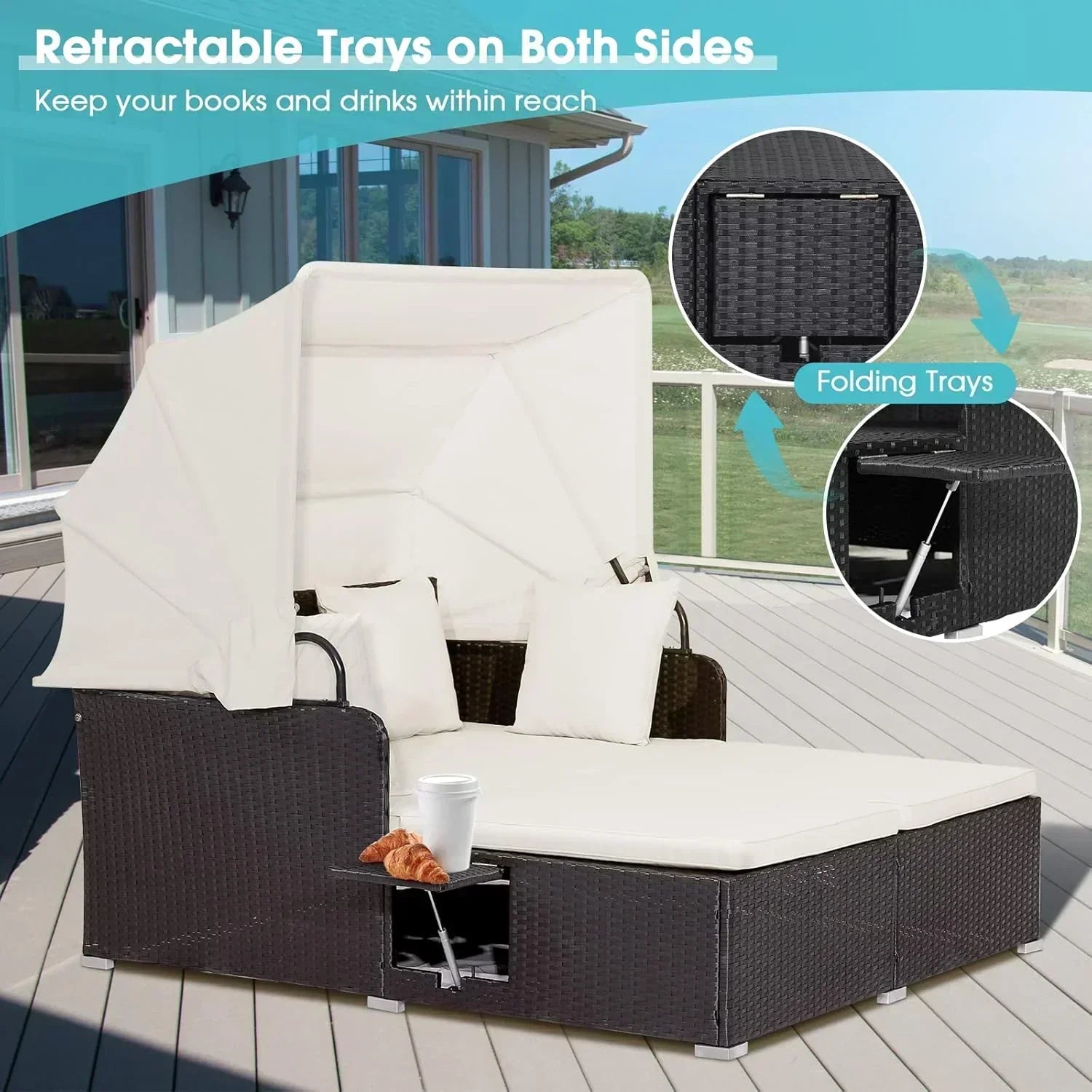 RELAX4LIFE Patio Outdoor Daybed with Canopy Wicker Sunbed Cushions 4 Pillows wourant