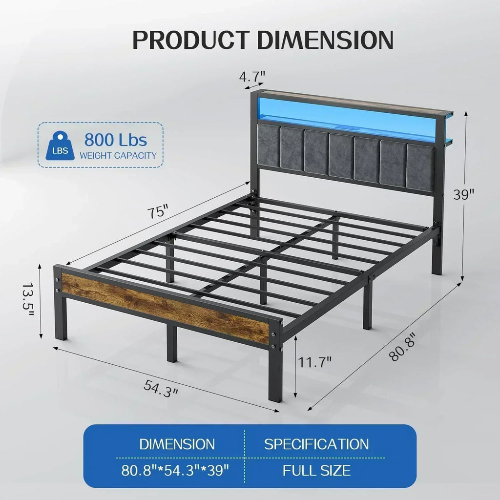 Queen Size Bed Frame with 2-Tier Storage Shelves Headboard Platform Bed with Charging Station wourant