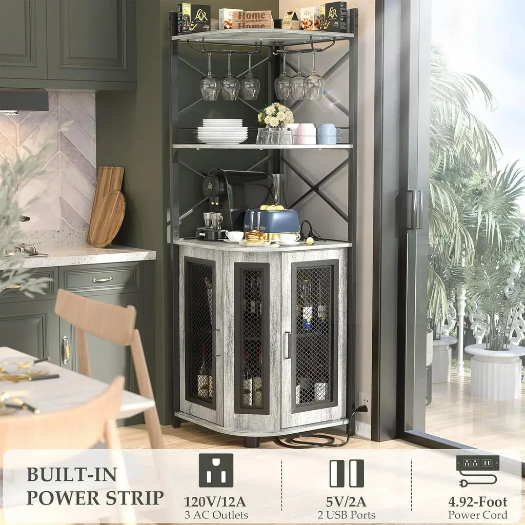 Corner bar cabinet with power socket industrial style wine cabinet light strip and glass rack wourant