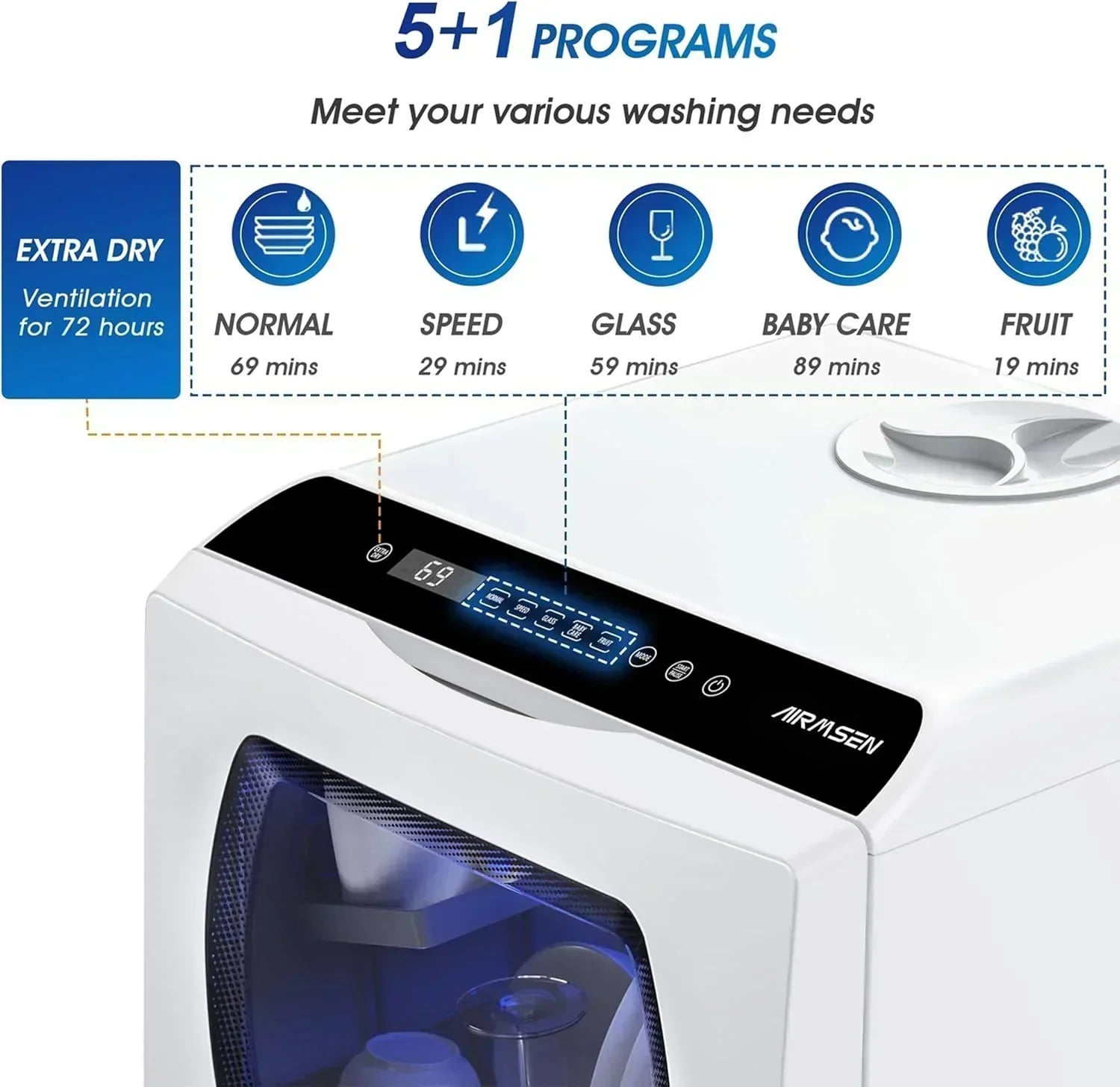 AIRMSEN portable tabletop dishwasher 5 washing programs mini dishwasher wourant