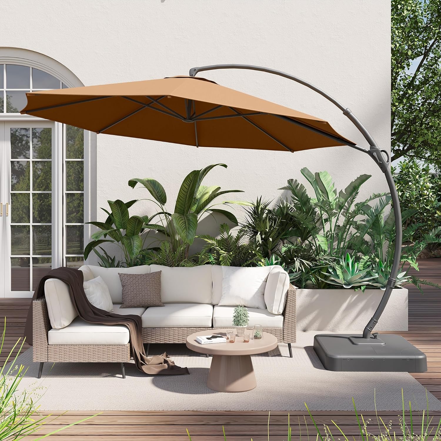 LAUSAINT HOME Outdoor Patio Umbrella with Base included 11 FT Deluxe Curvy Cantilever Umbrella wourant