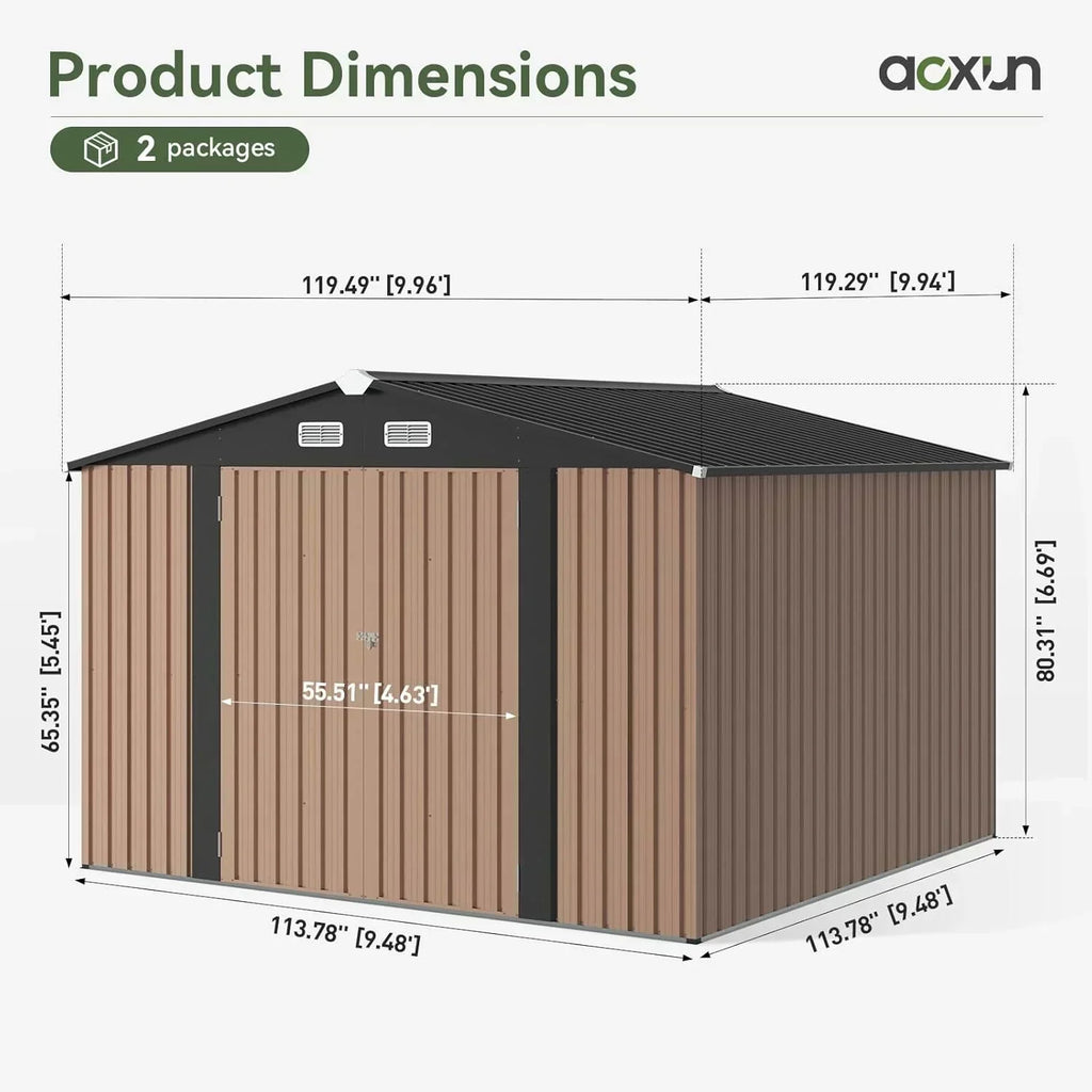 Aoxun 12x10 FT Shed Metal Outdoor Waterproof Storage Shed Steel Utility Garden Tool Shed wourant