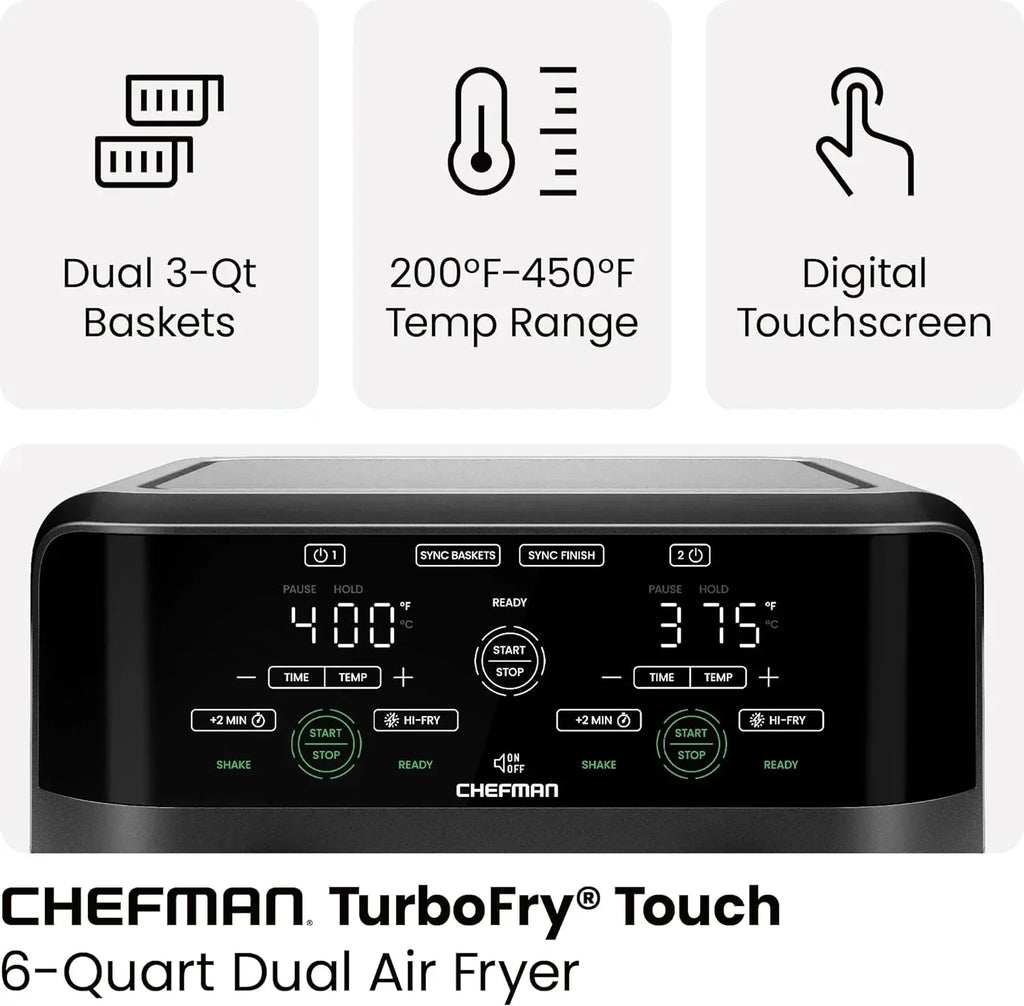 Chefman 6-Quart Dual Basket Air Fryer Digital Touchscreen Smart Sync Finish High-Frying wourant