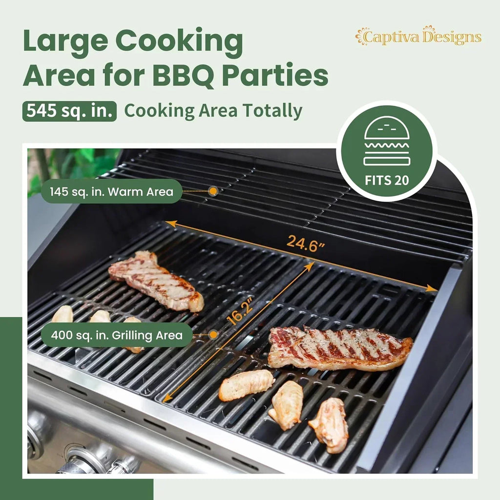 Captiva Designs 4-Burner Propane Gas BBQ Grill Side Burner Porcelain-Enameled Cast Iron Grates wourant