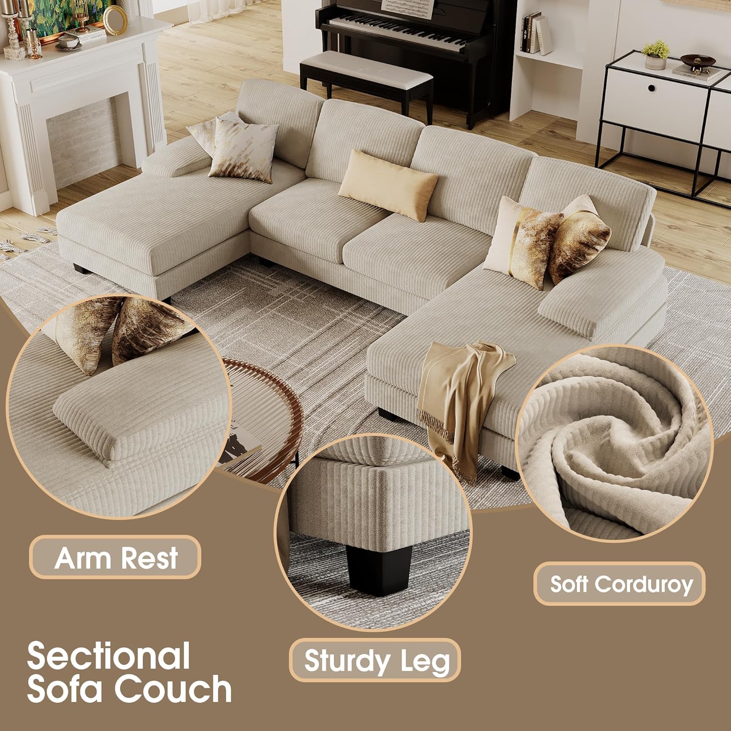 Furmax Sectional Couches for Living Room U-Shaped Sofa Couch Linen Fabric 4 Seat Sofa Set wourant