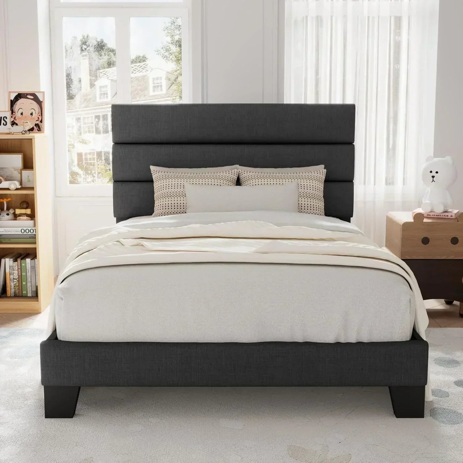 Allewie Queen Size Platform Bed Frame with Fabric Upholstered Headboard Wooden Slats Support wourant