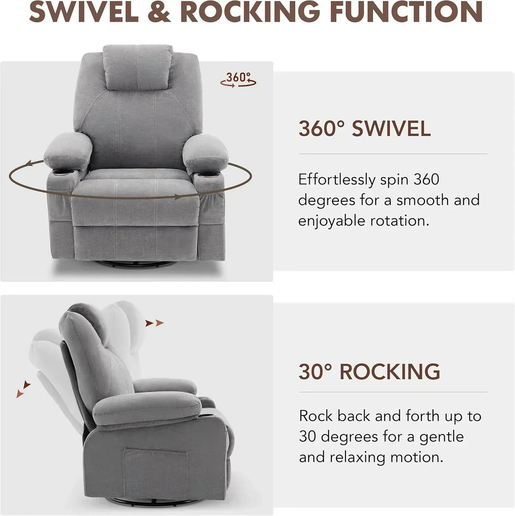 Large Swivel Rocking Recliner with Massage Function 360 Degree Swivel Rocking Single Sofa wourant