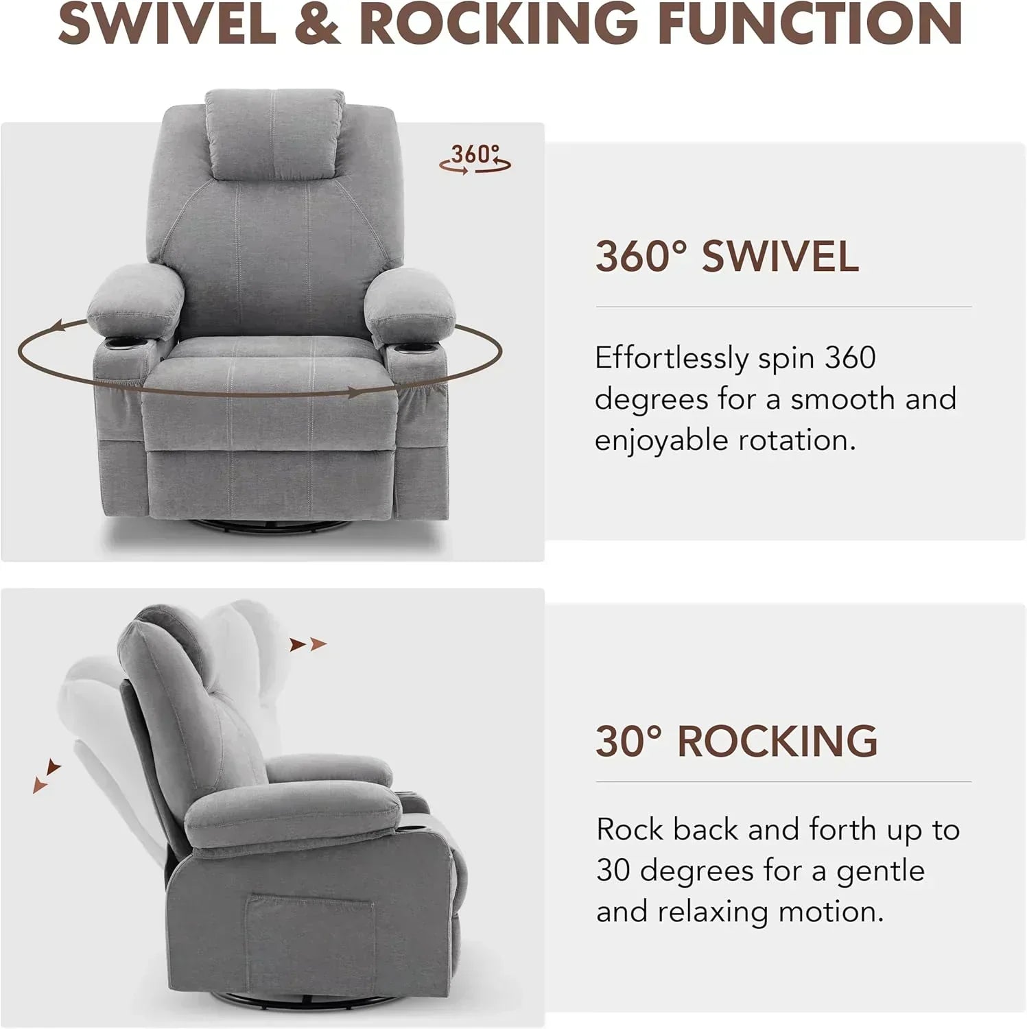 Large Swivel Rocking Recliner with Massage Function 360 Degree Swivel Rocking Single Sofa wourant