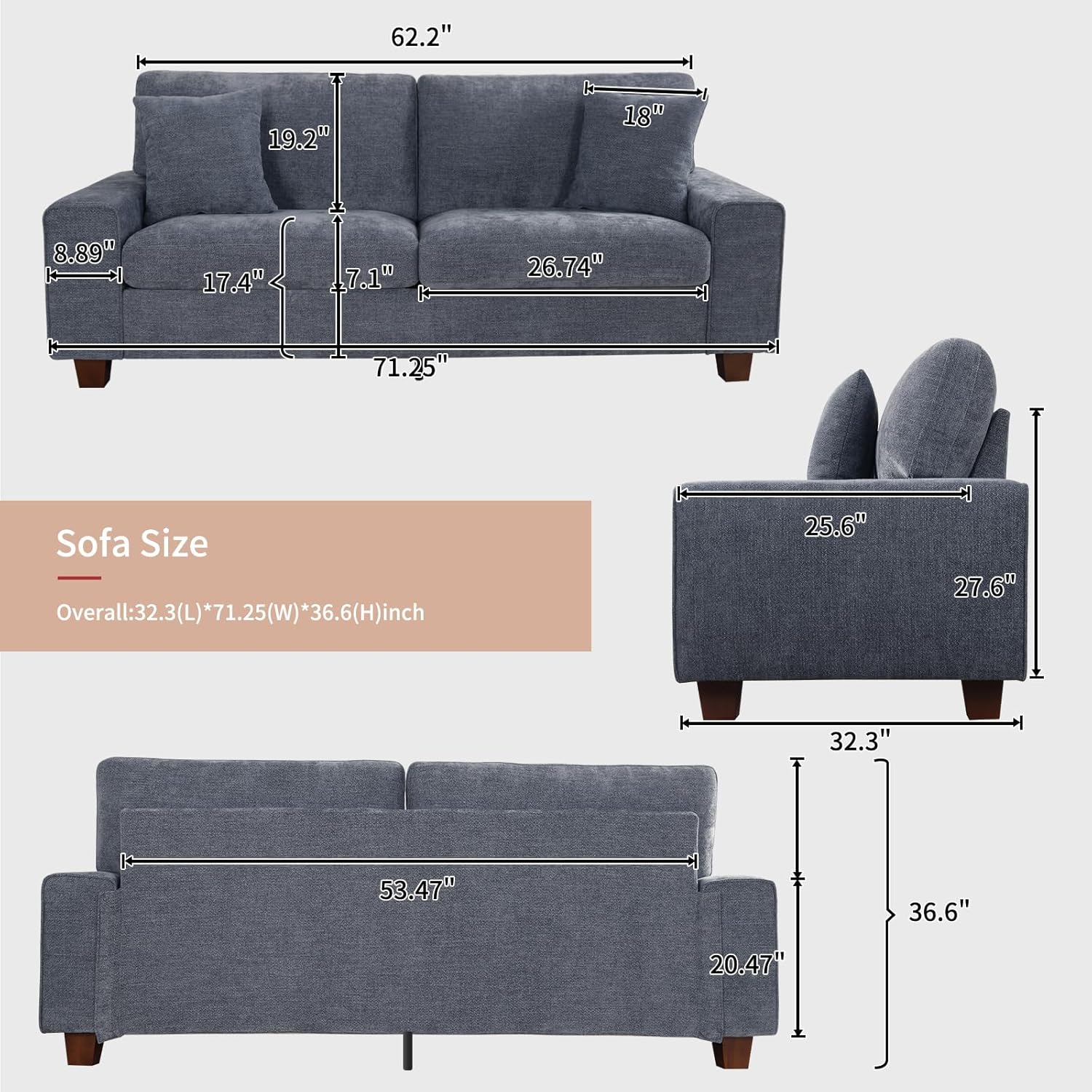 DOPEDIO living room double sofa chenille lounge chair removable solid wood frame wourant