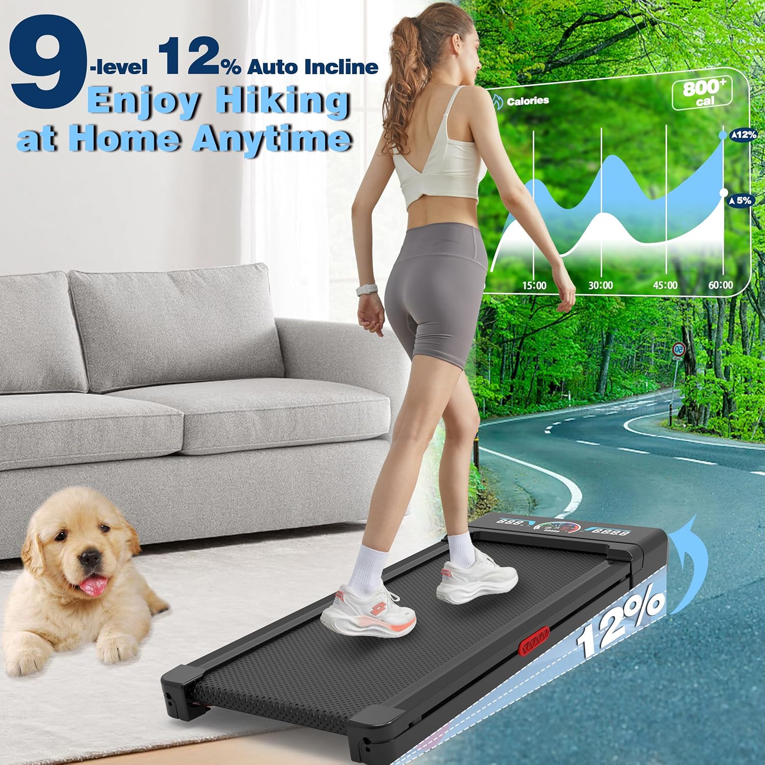 The Walking Pad treadmill features 12% 9-level automatic incline 450-pound capacity LED screen wourant