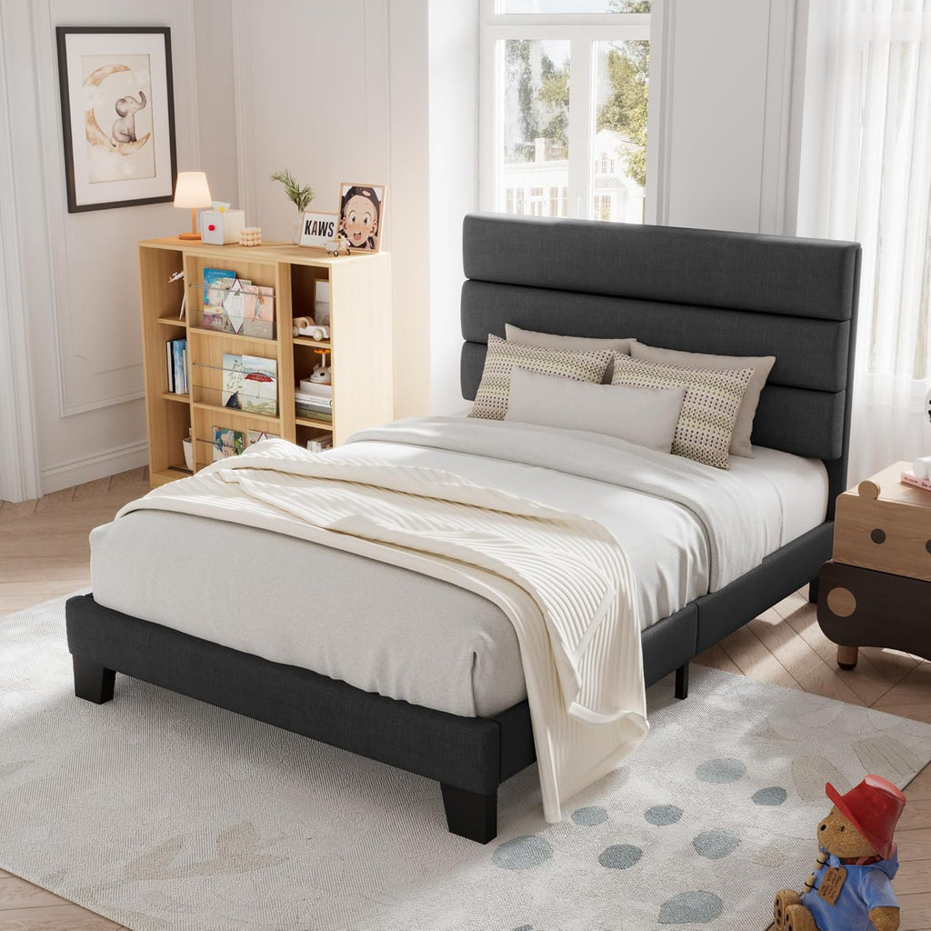 Allewie Queen Size Platform Bed Frame with Fabric Upholstered Headboard Wooden Slats Support wourant