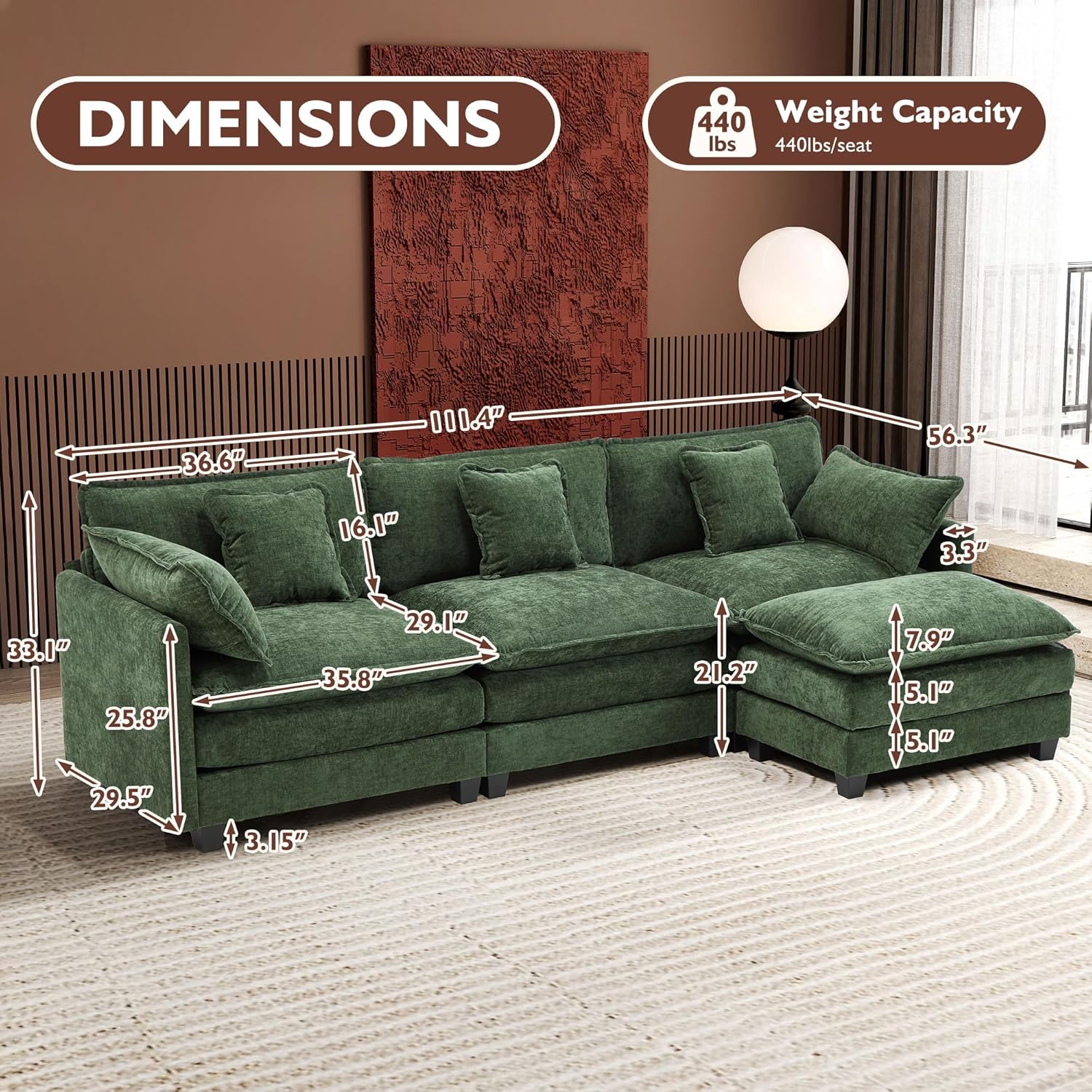 ihanherry 146-inch U-shaped modern sofa modular area cloud sofa wourant