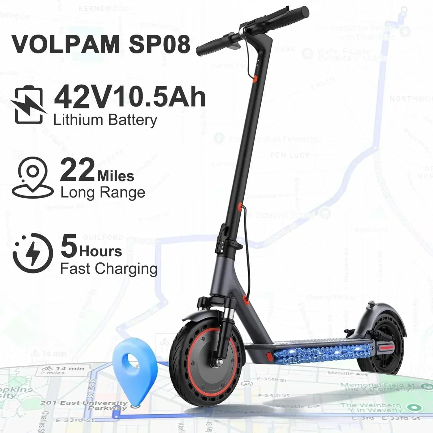 Volpam electric scooter Powerful electric motor Solid tires 28/21/12 mile range wourant