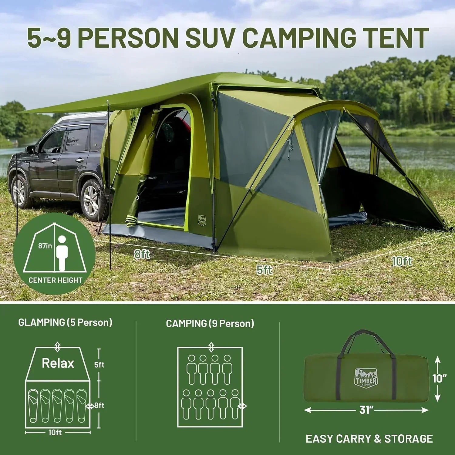 TIMBER RIDGE 5-9 Person SUV Tent with Screen Porch and Awning for Family Camping Weather Resistant wourant