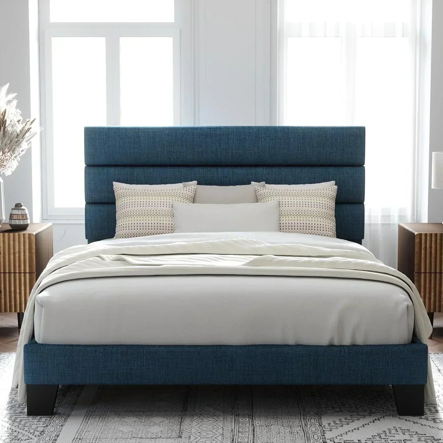 Allewie Queen Size Platform Bed Frame with Fabric Upholstered Headboard Wooden Slats Support wourant