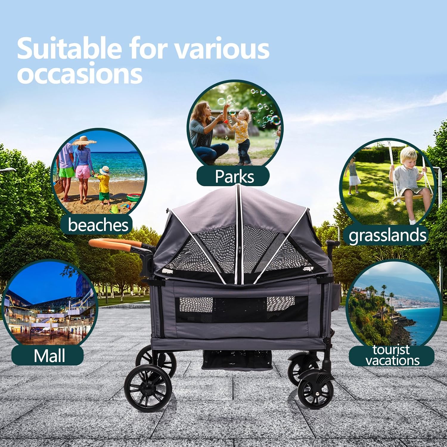 Wagon Stroller for 2 Kids Cargo-Travel Stroller Push-Pull Double Wagon Lightweight Folding Stroller wourant