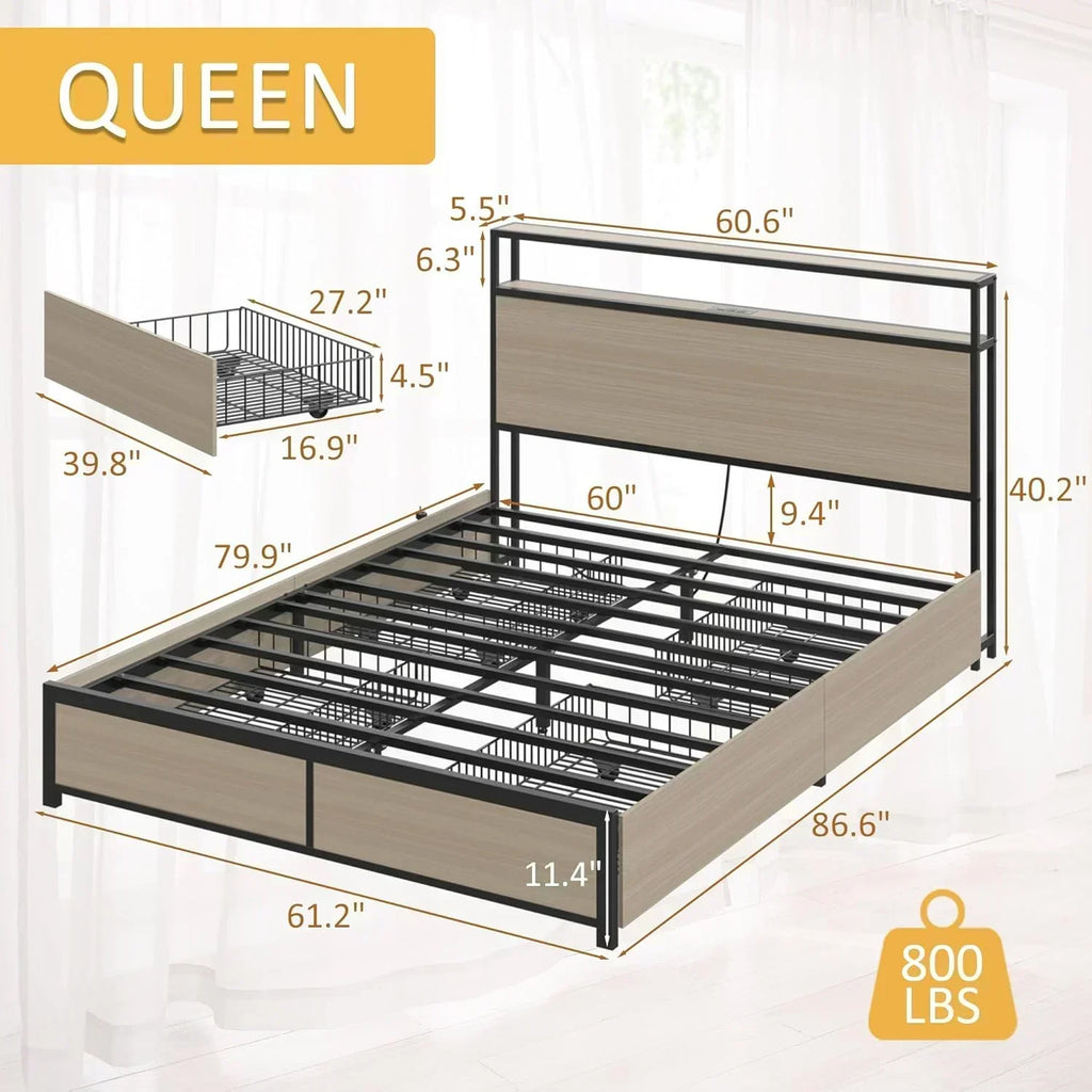 Lifezone Queen Bed Frame 2-Tier Storage Headboard Metal Platform Bed Frame 4 Storage Drawers wourant
