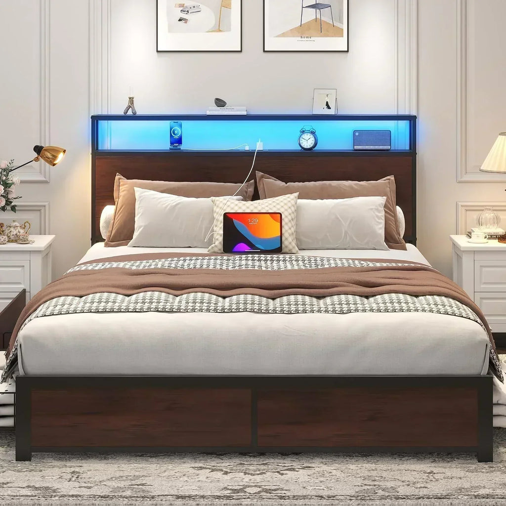 Lifezone Queen Bed Frame 2-Tier Storage Headboard Metal Platform Bed Frame 4 Storage Drawers wourant