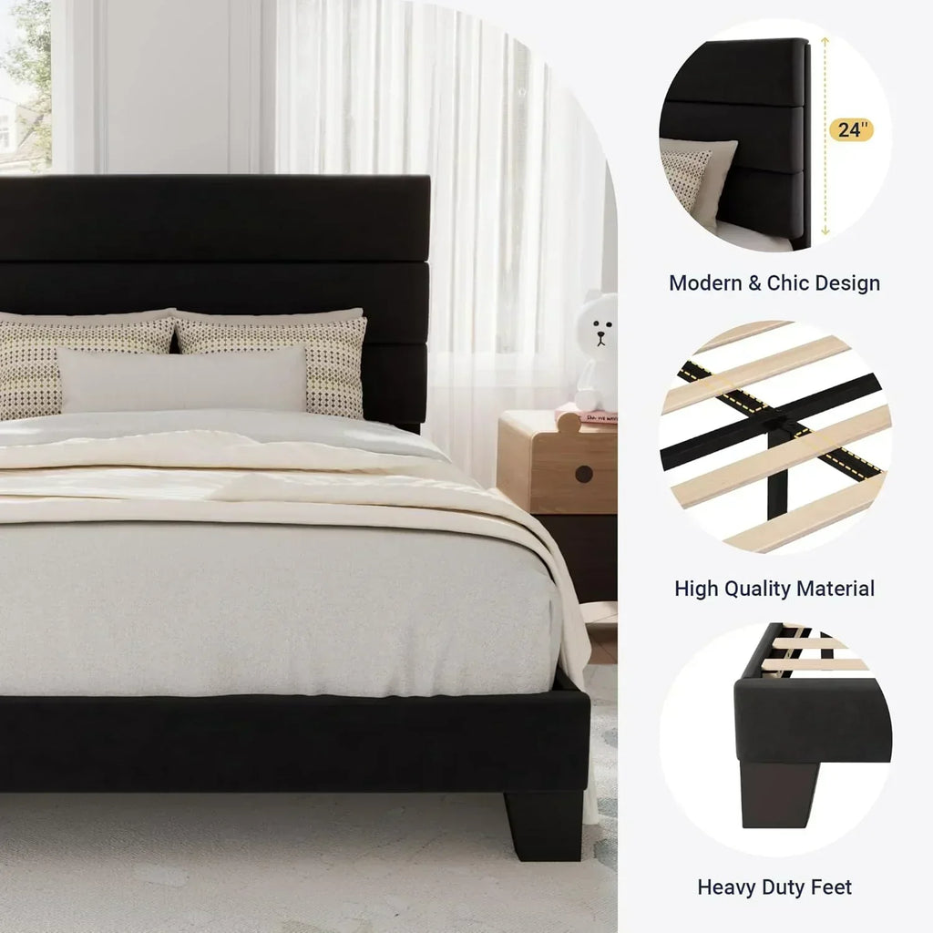 Allewie King size platform bed frame with velvet upholstered headboard and planks wourant
