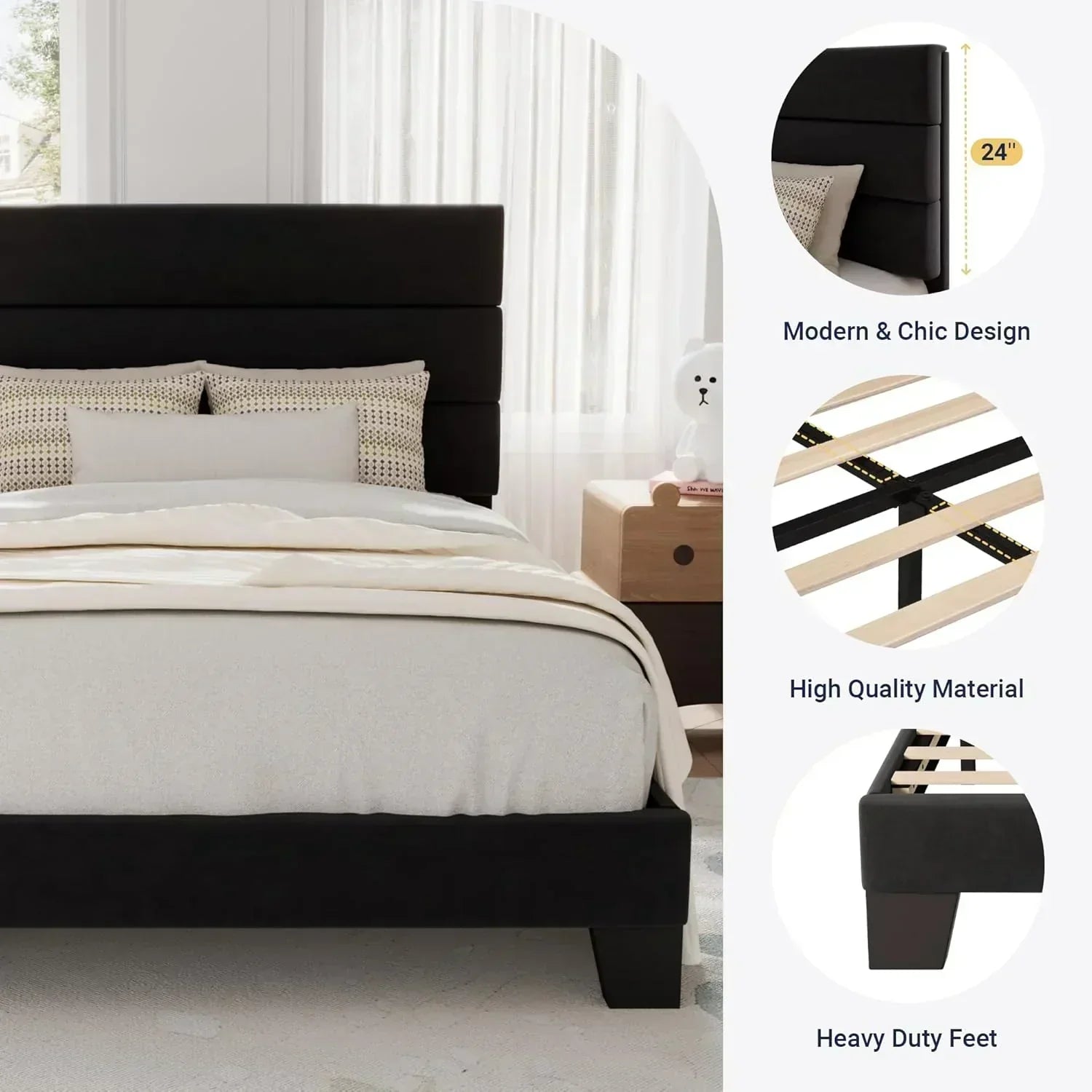 Allewie King size platform bed frame with velvet upholstered headboard and planks wourant