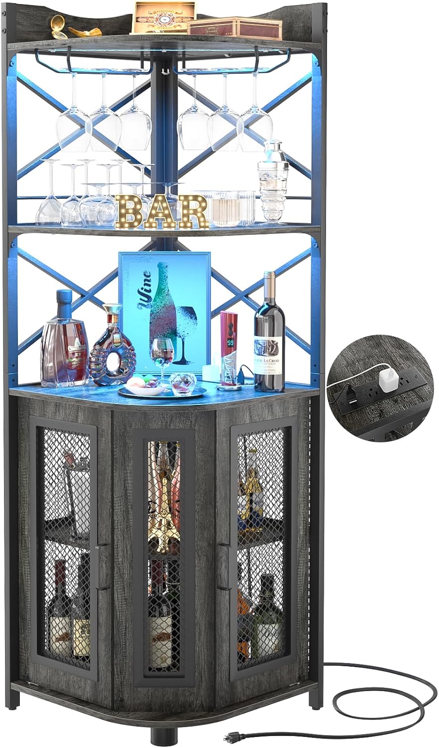Corner bar cabinet with power socket industrial style wine cabinet light strip and glass rack wourant