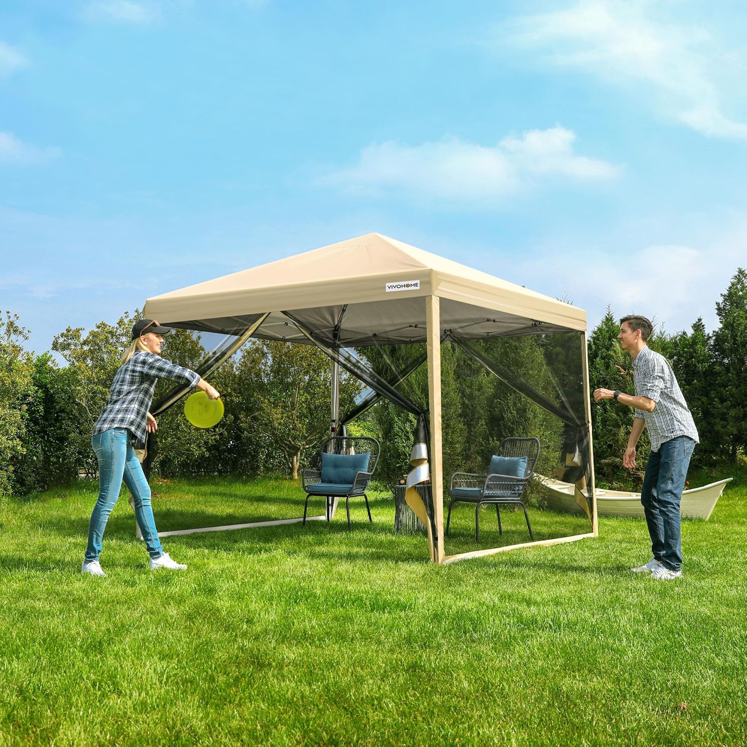 10x10ft Easy Pop-Up Canopy Outdoor Screen Tent with Mosquito Netting 2 Zipper Doors Roller Bag wourant