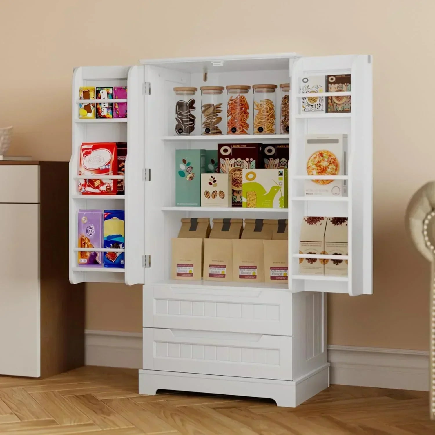 Gizoon Kitchen Pantry Cabinet with Drawers Freestanding Bathroom Storage Cabinet with Doors wourant