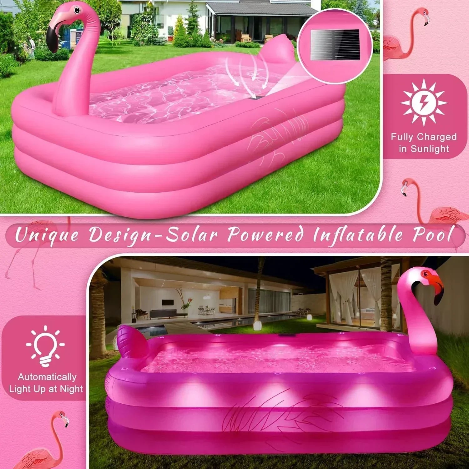 Inflatable Pool with Lights Solar Flamingo Swimming Pool for Kids Adults Inflatable Blow up Pool wourant