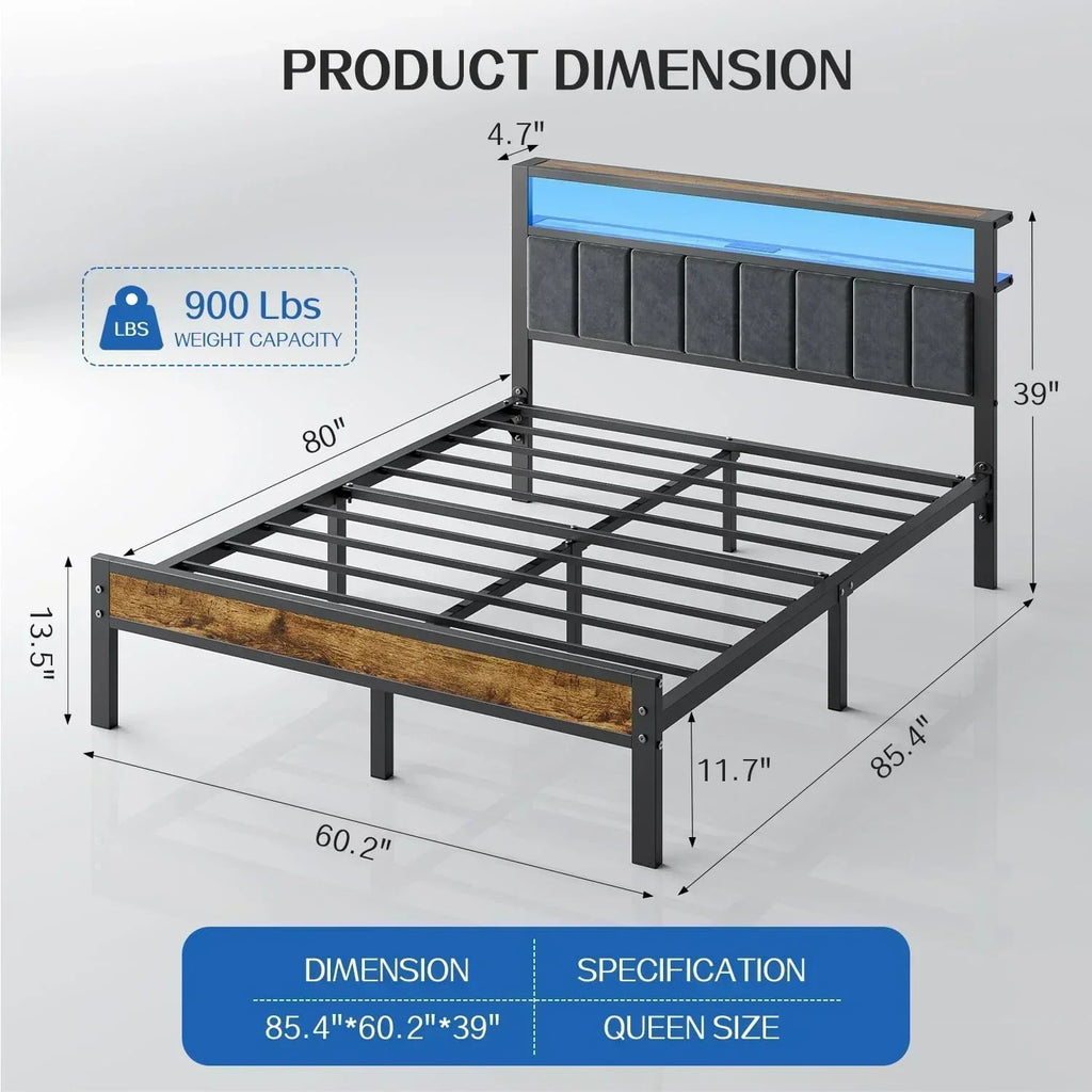 Queen Size Bed Frame with 2-Tier Storage Shelves Headboard Platform Bed with Charging Station wourant