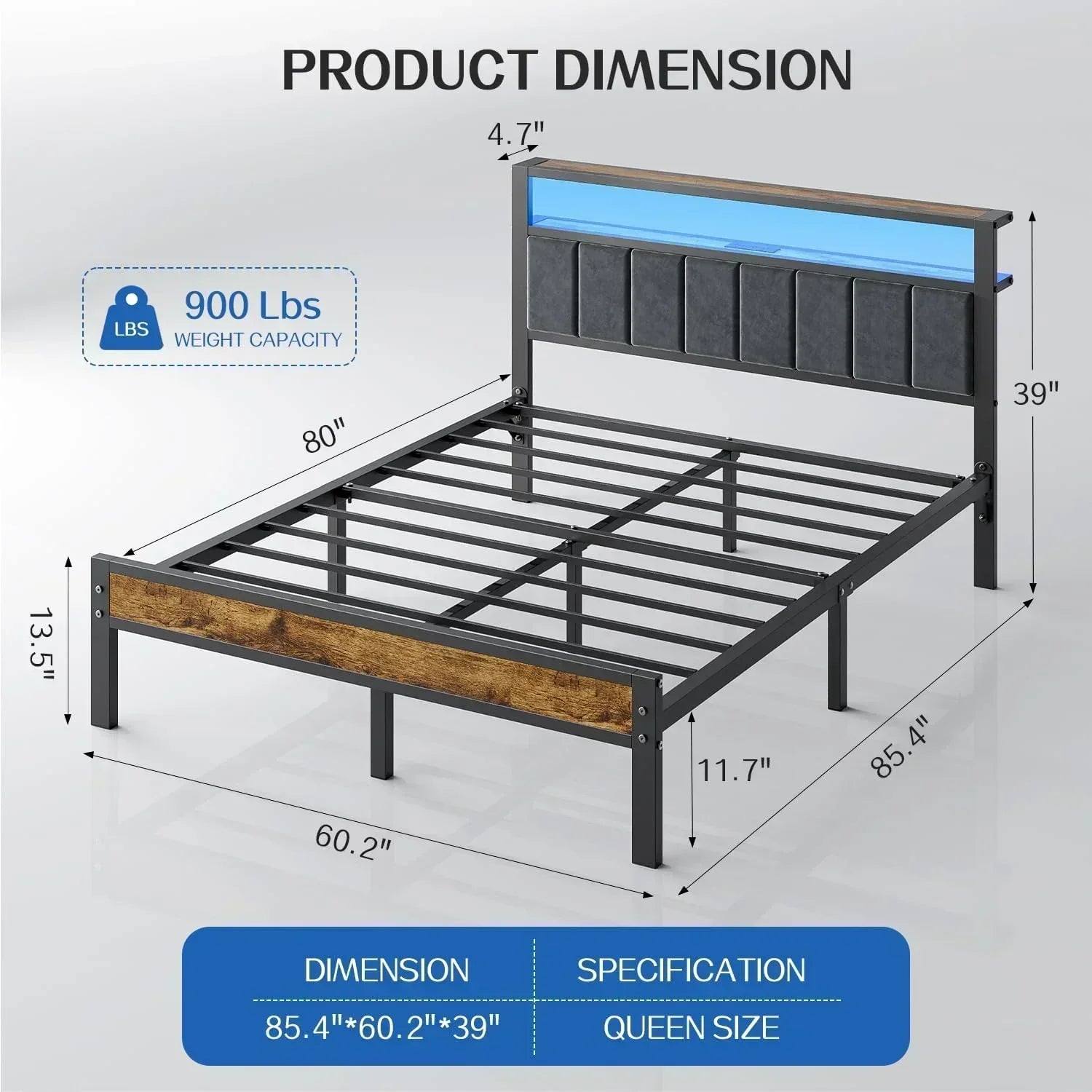 Queen Size Bed Frame with 2-Tier Storage Shelves Headboard Platform Bed with Charging Station wourant