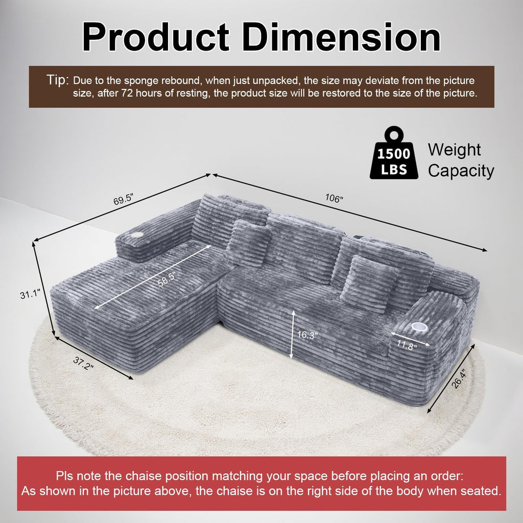 Cloud section sofa with L-shaped recliner modern modular sofa built-in cup holder wourant