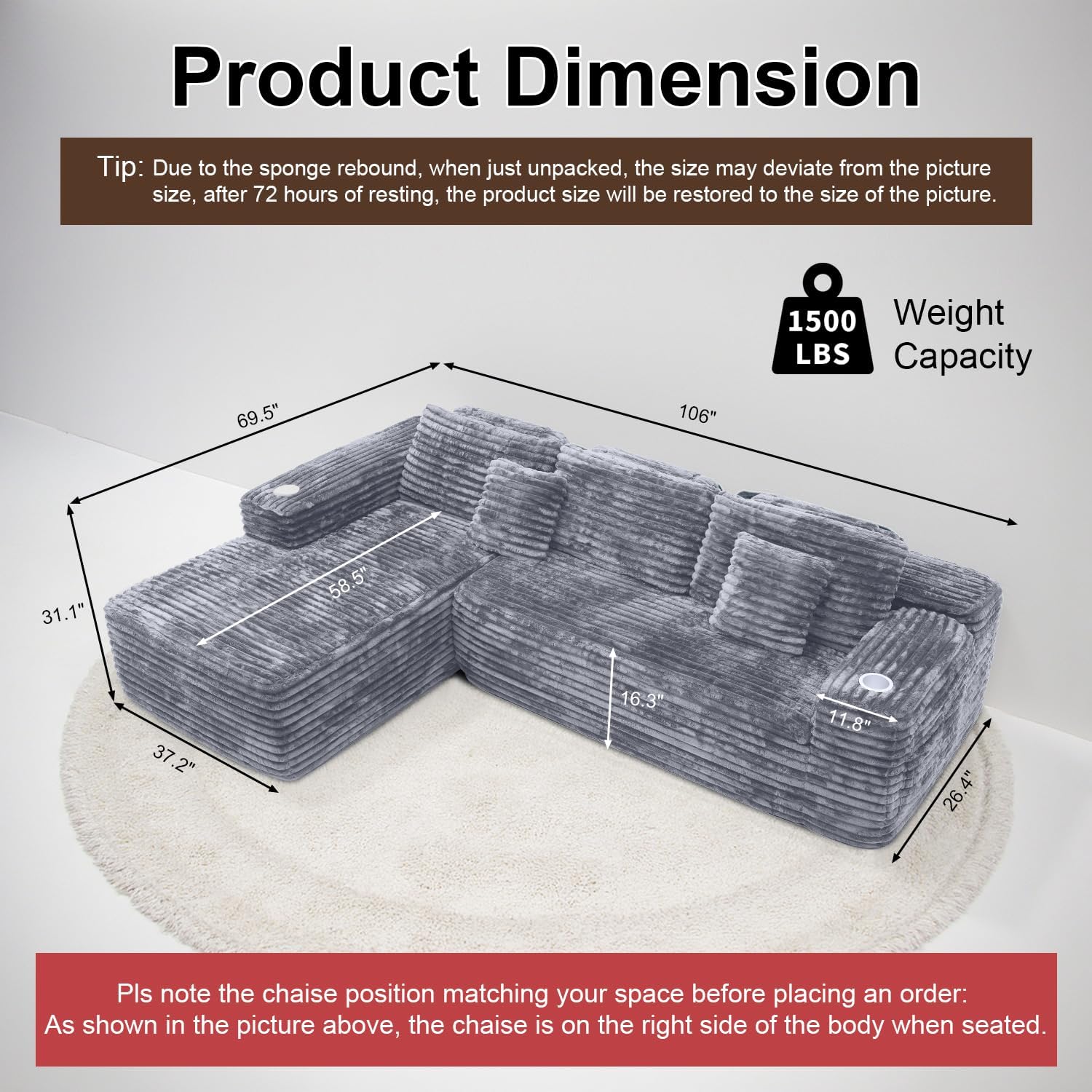 Cloud section sofa with L-shaped recliner modern modular sofa built-in cup holder wourant