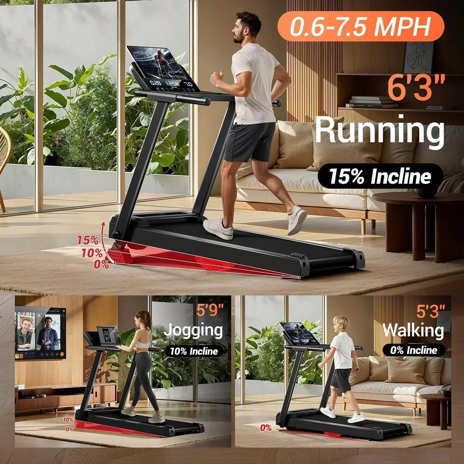 Home Treadmill 15% Incline Treadmill 3.0 hp Quiet Brushless Dual Cushion System wourant