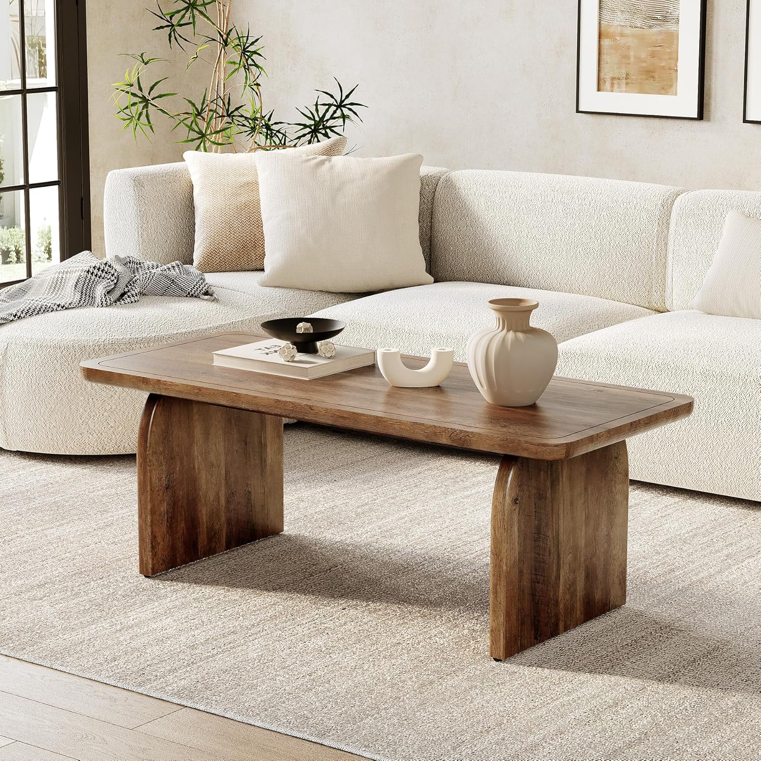 LITTLE TREE Farmhouse Coffee Table 47 Inch Round Corner Wood Center Table Rectangular wourant