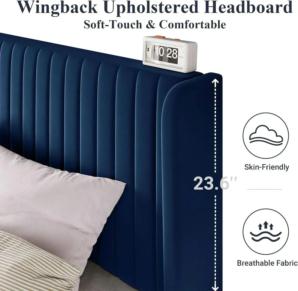 Allewie Full Size Velvet Bed Frame Vertical Channel Tufted Wingback Headboard Upholstered Bed wourant