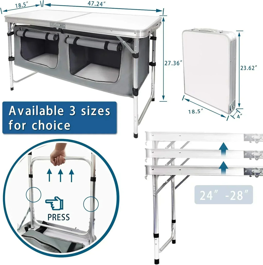 Outdoor Folding Table Aluminum Lightweight Height Adjustable with Storage Organizer wourant