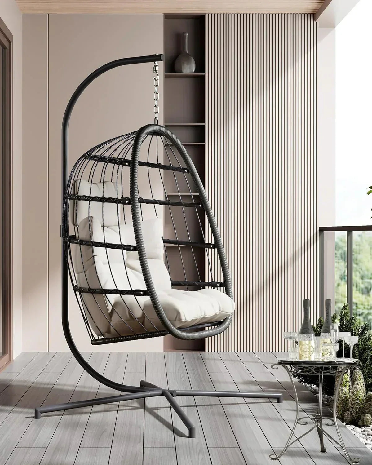 HWB Hanging Egg Chair with Stand Patio Wicker Hammock Egg Swing Chair Cushion for Bedroom wourant