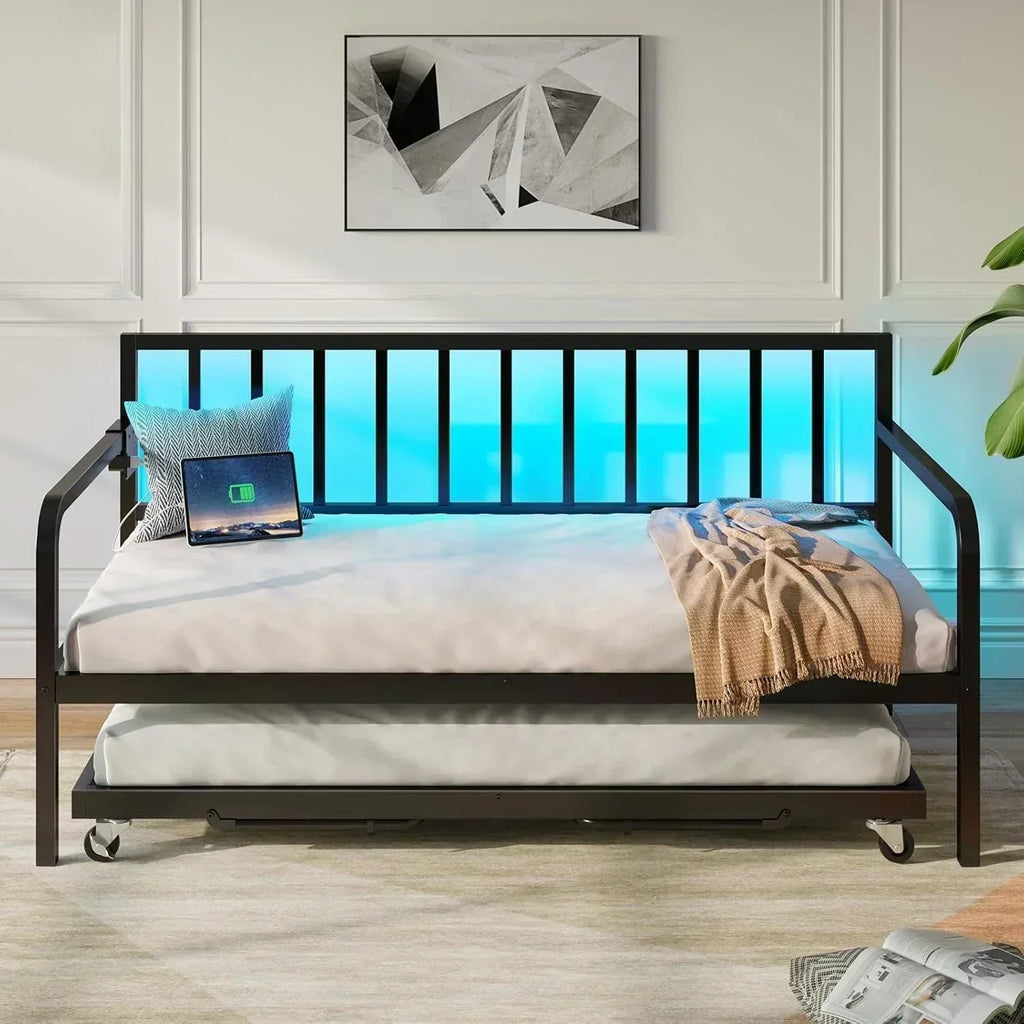 Rolanstar Daybed with Charging Station and LED Lights Height Adjustable Twin Daybed wourant
