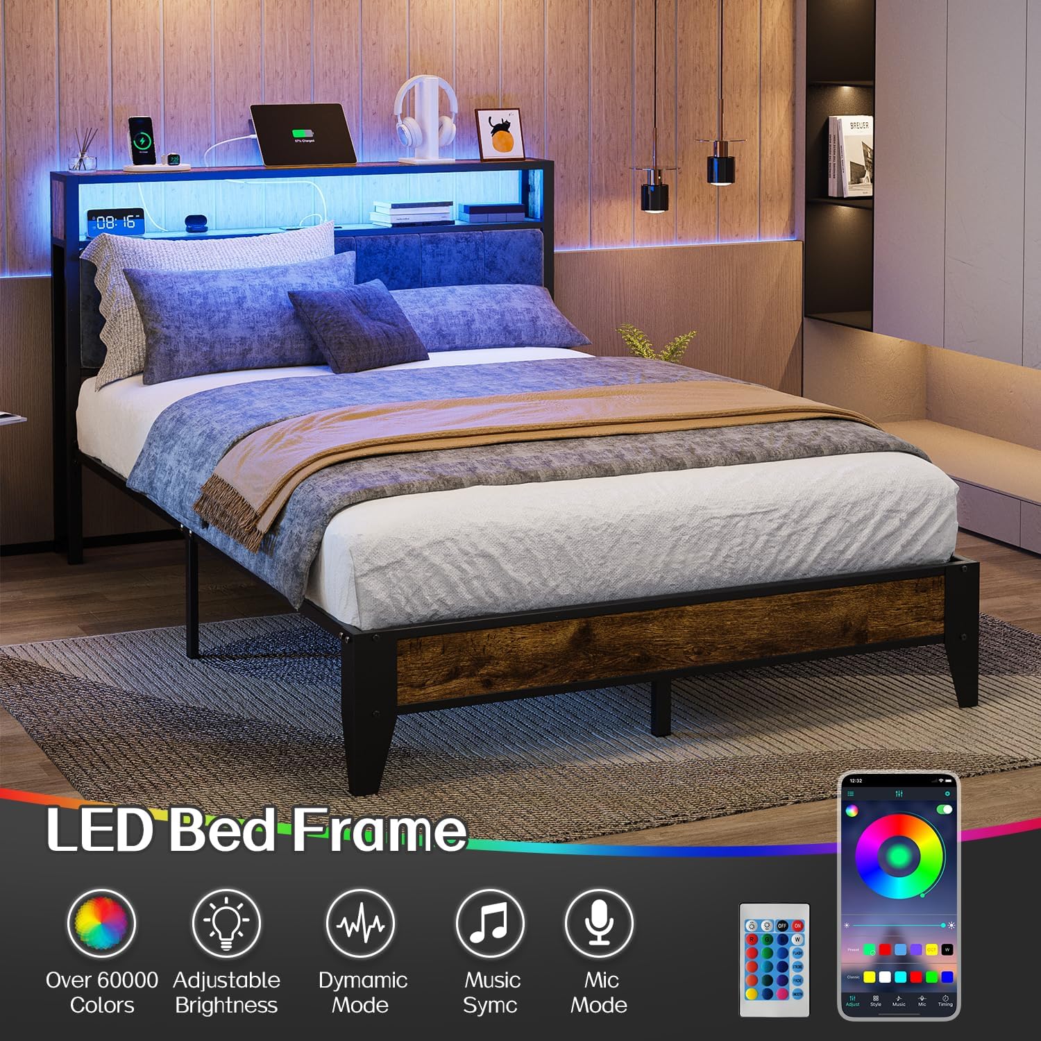 OLEVS Single Bed Frame LED Light Storage Headboard Type C Charging Station Metal Platform Bed wourant
