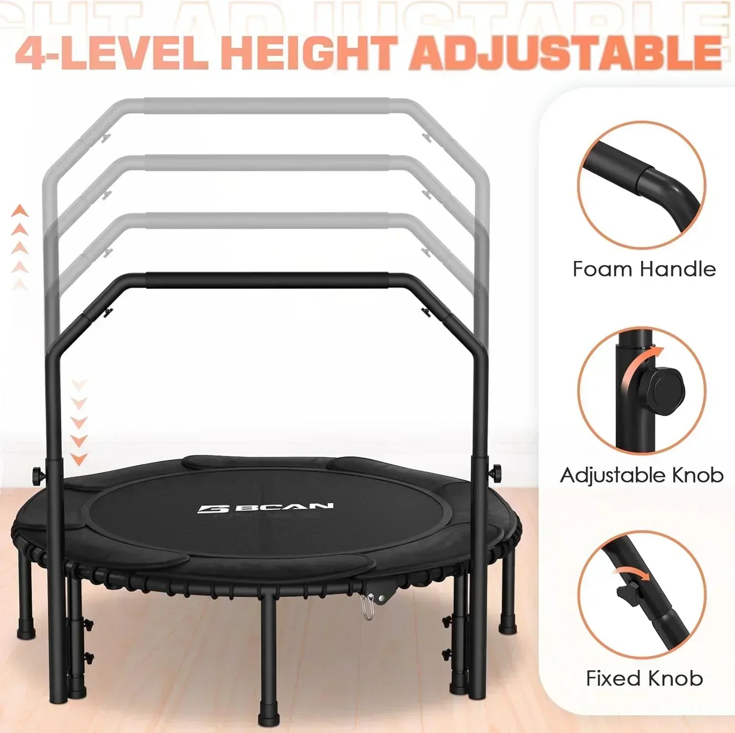 BCAN 450/550 LBS Foldable Mini Trampoline Fitness Trampoline Bungees Adjustable Foam Handle wourant
