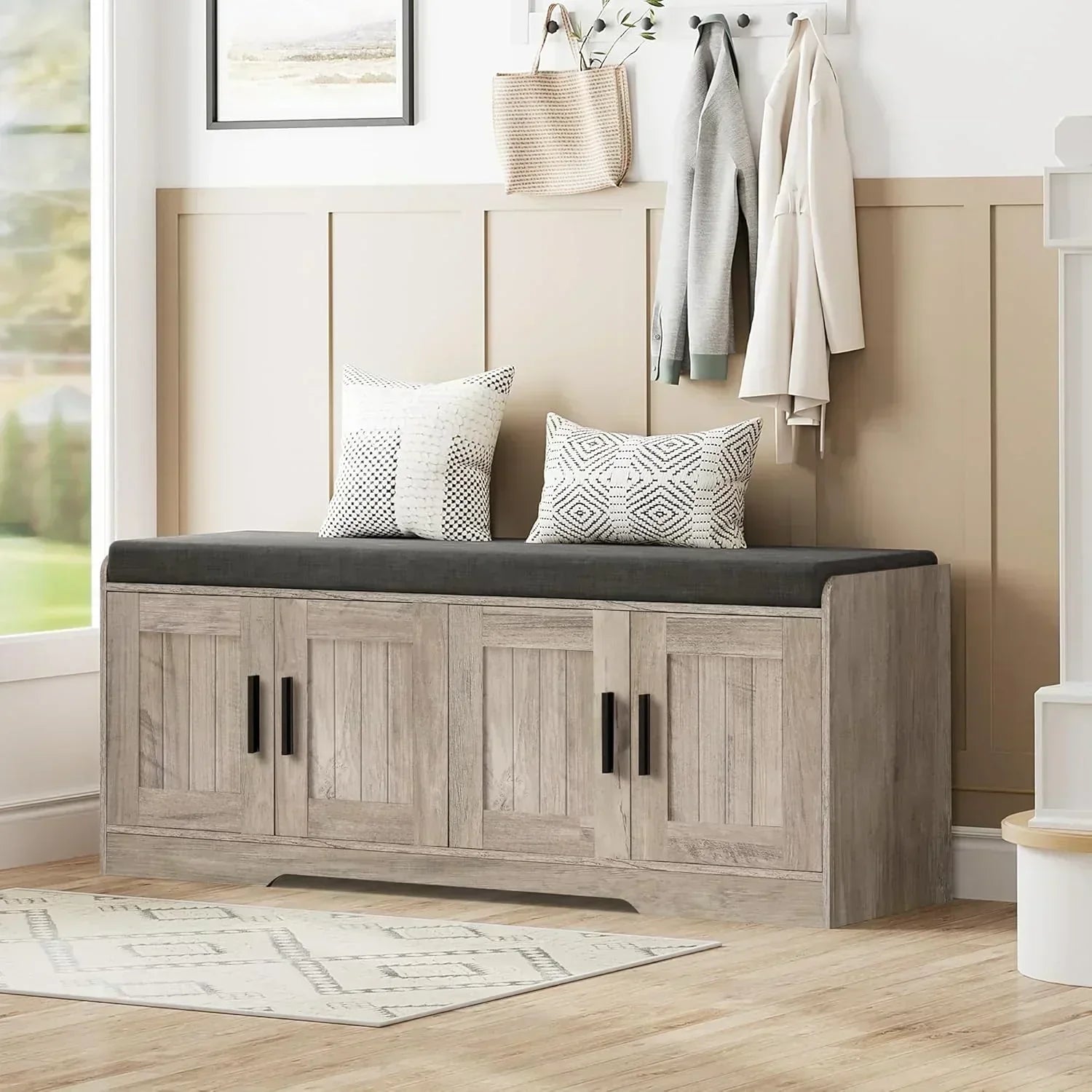 2-Tier Storage Bench Shoe Bench with Thickened Padded Seat Cushion Entryway Bench wourant