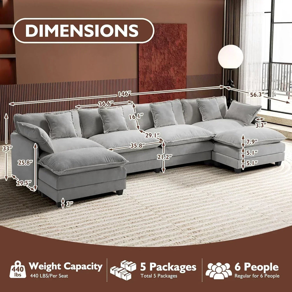ihanherry 146-inch U-shaped modern sofa modular area cloud sofa wourant