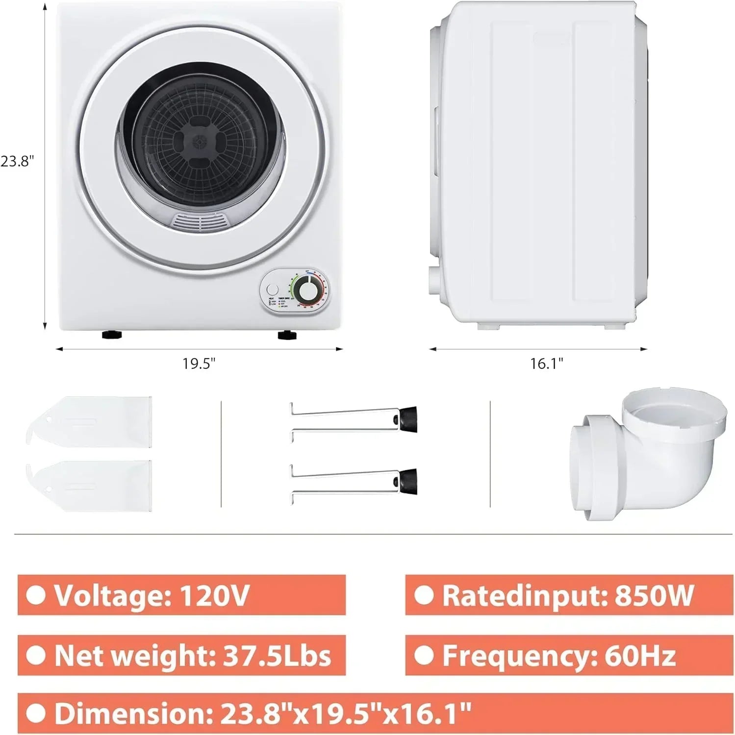 Compact Laundry Dryer 3.5 cu ft Front Load Stainless Steel Clothes Dryers With Exhaust Pipe wourant