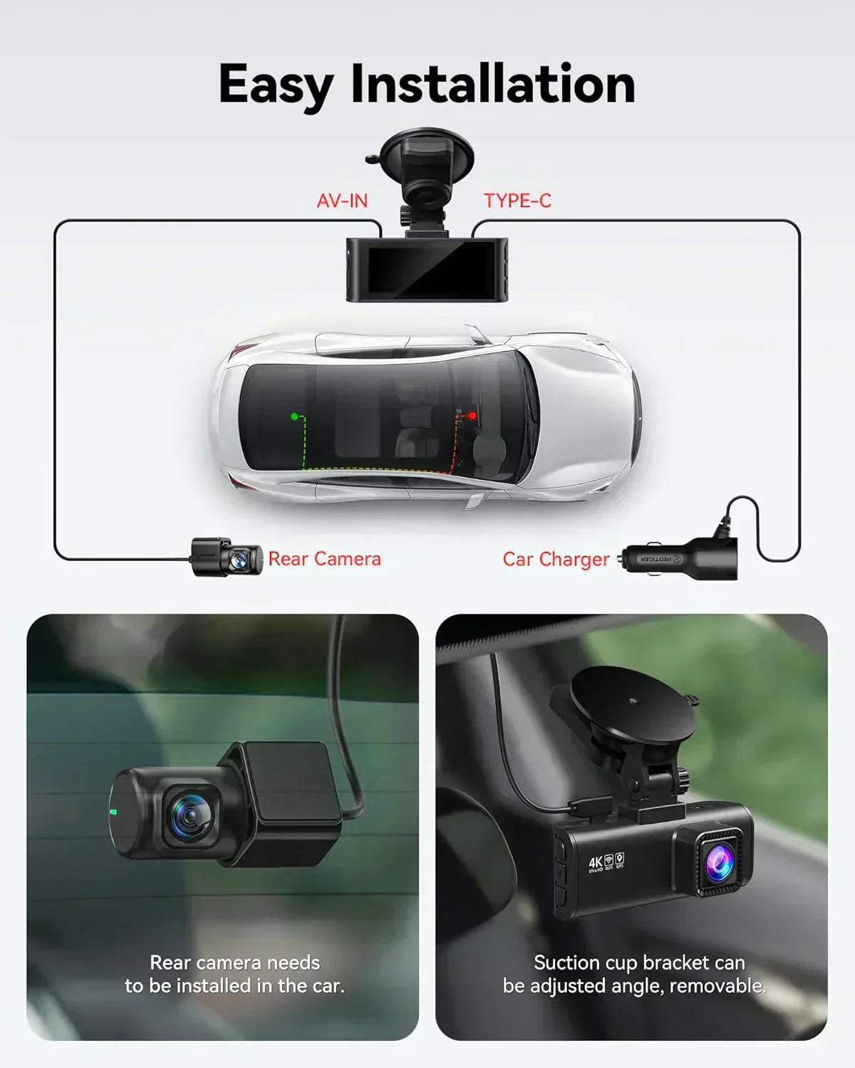 Dash Cam Front Rear 4K/2.5K Full HD Dash Camera for Cars Included 32GB Card Built-in Wi-Fi GPS wourant