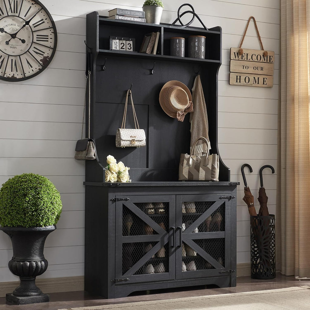 JXQTLINGMU 59-inch Farmhouse Foyer Tree Shoe Storage Entryway Bench Foyer Coat Rack Cabinet wourant