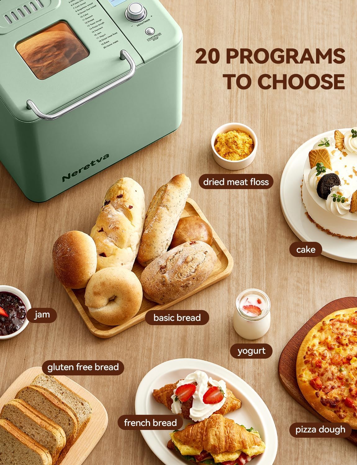 Neretva Bread Maker 20-in-1 2LB Bread Maker Dual Heater Bread Maker Automatic Ceramic Pan wourant